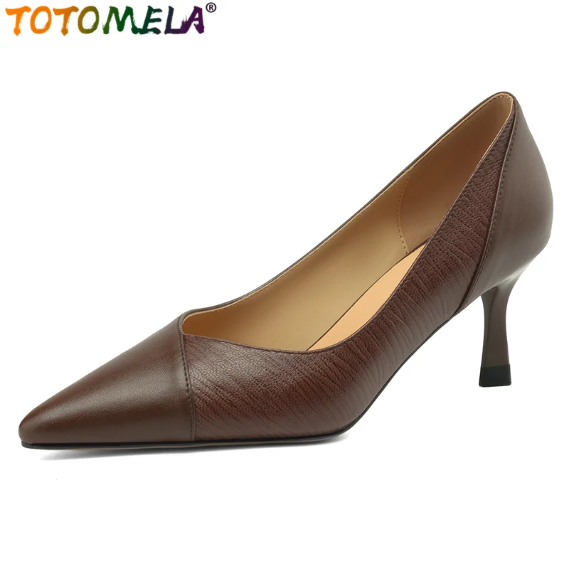 

TOTOMELA 2024 New Basic Genuine Leather Shoes Sexy High Heels Women Pumps Pointed Toe Black Brown Ladies Office Dress Shoes