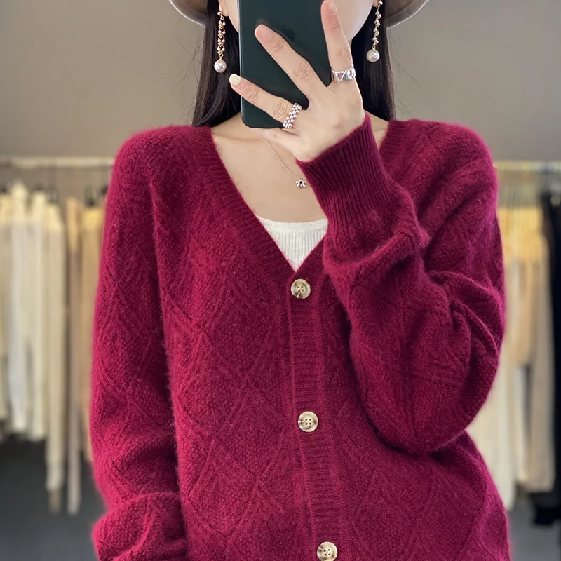 

Cashmere V-Neck Cardigan Sweater Thickened Autumn and Winter Women's Clothing Knitted 100% Merino Wool Jacket Korean Fashion