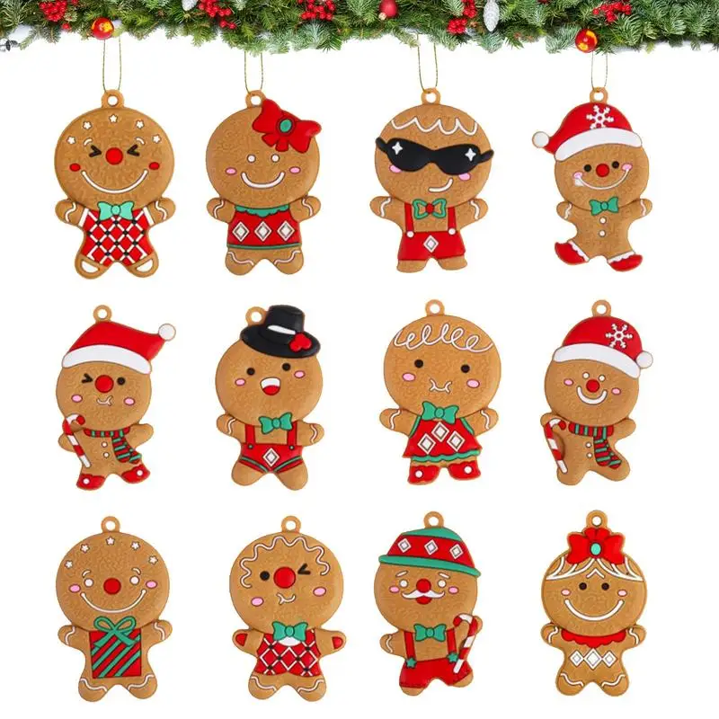 

Gingerbread Tree Ornaments Set 12pcs Christmas Gingerbread Ornaments With Lanyard Seasonal Decors PVC Gingerbread Man For