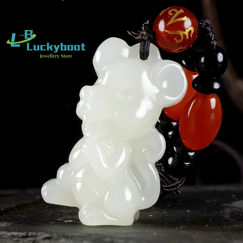 

Hot Selling Natural Hand-carve Hetian White Jade Zodiac Rat Necklace Pendant Fashion Jewelry Men Women Luck Gifts