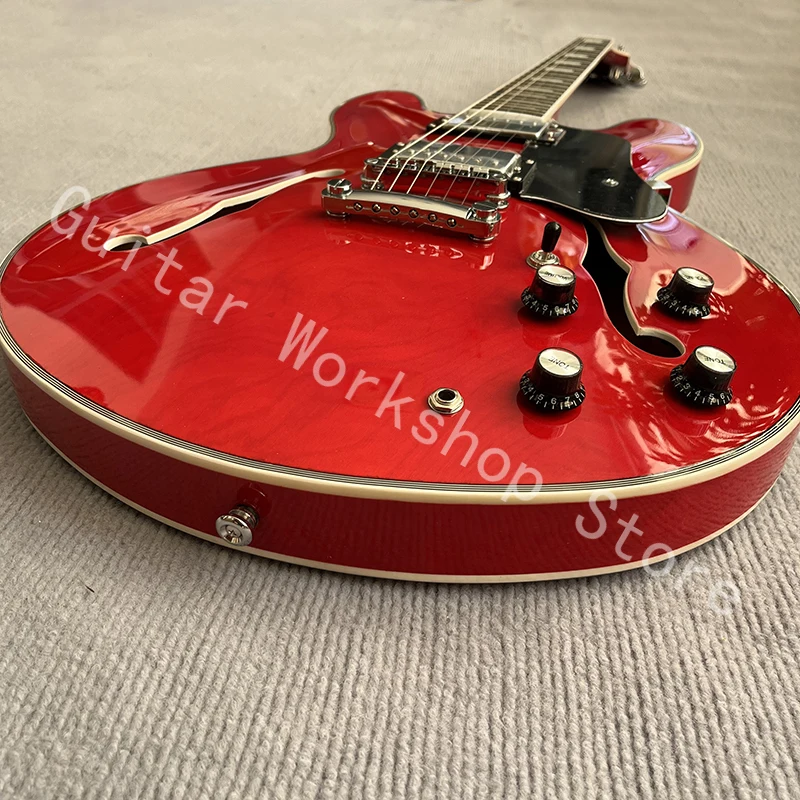 Big red glossy electric guitar, hollow jazz, professional level, free shipping and door-to-door delivery.