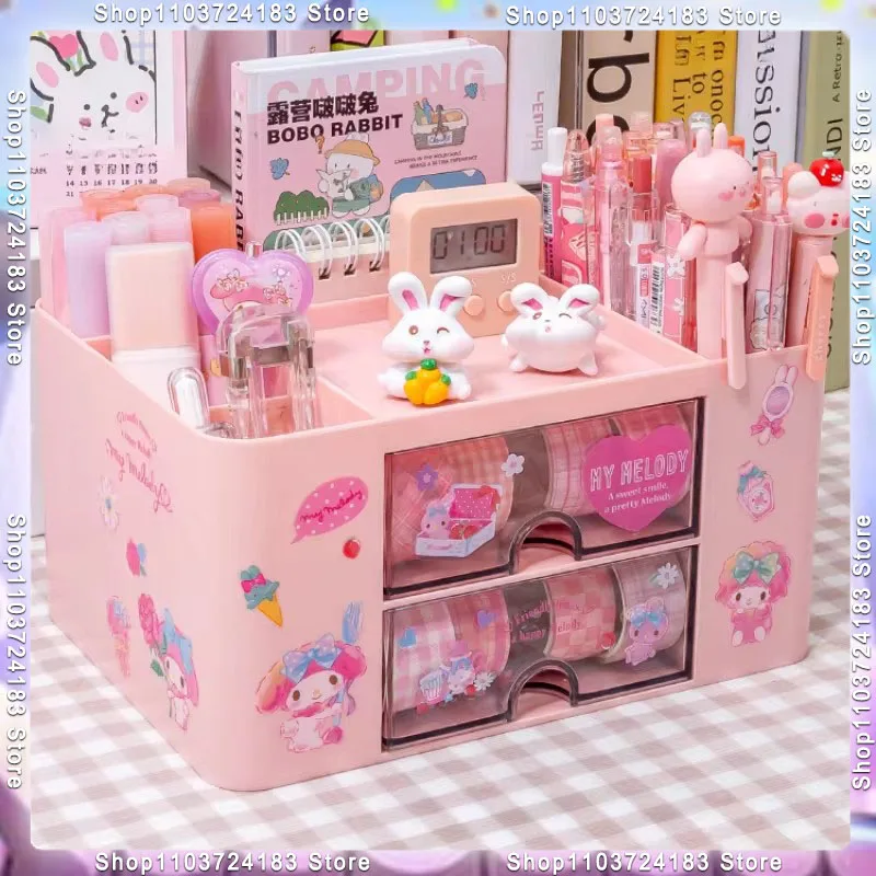 Sanrio Cute Pen Holder Storage Box Organizer Kawaii Large Capacity Drawer Desktop Kuromi Melody Cinnamoroll Stationery Storage