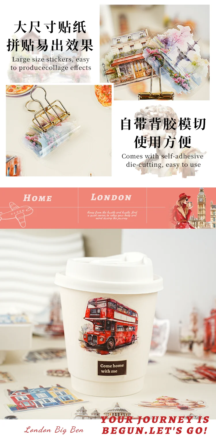 30pcs/pack PET Clear Sticker Bag Travel Around World London Paris Swiss Thai Maldives Landscape Journaling Scrapbook Collages