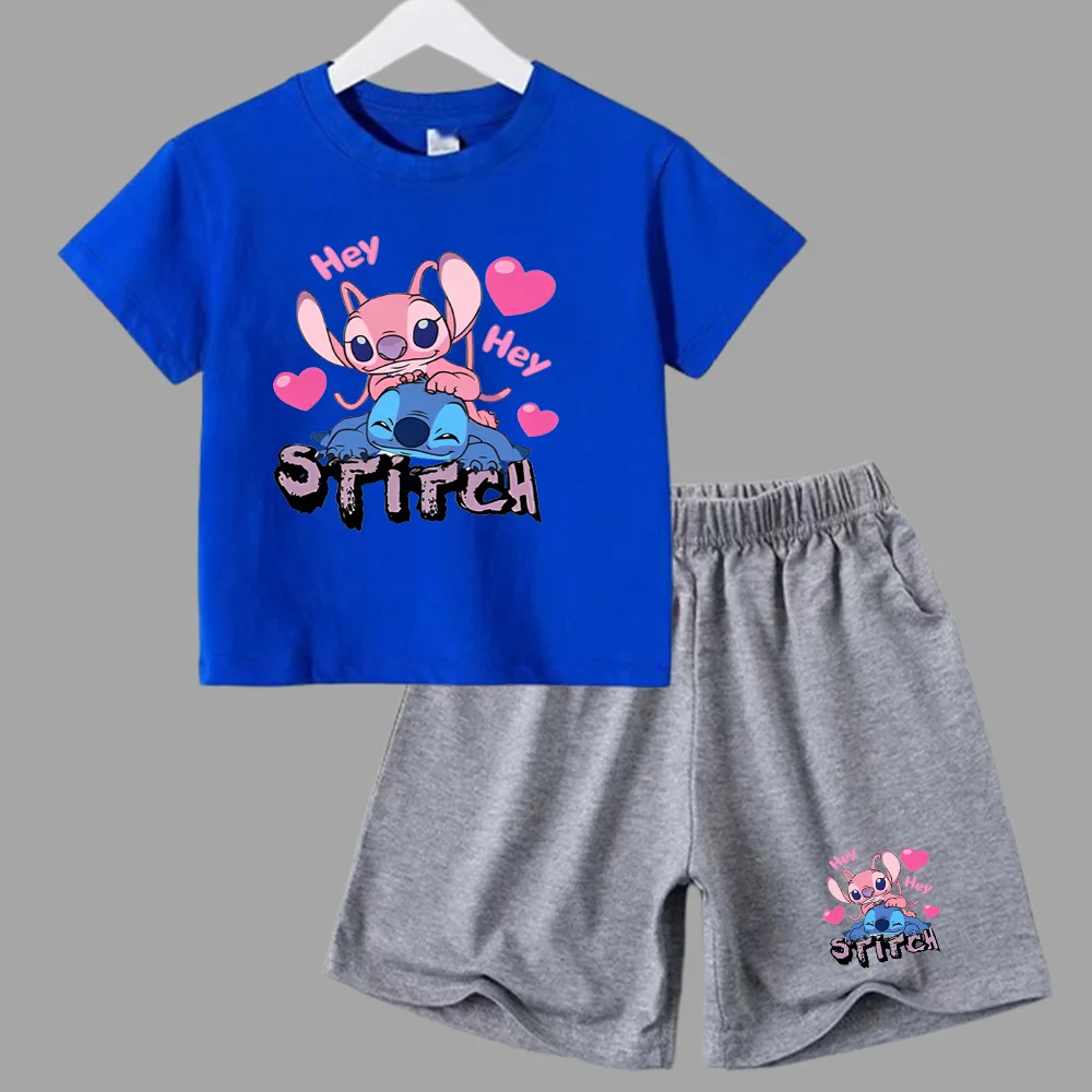 thumbnail image 1 of Conjunto de 2 piezas de camiseta y pantalones cortos de Disney Stitch para niños y niñas, de algodón, informal, cómodo y a la moda, para verano, 1 of 5
