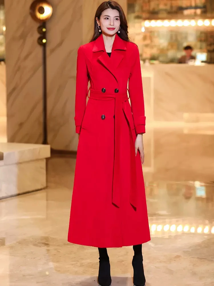 New Women Red Wool Blended Coat Autumn Winter Fashion England Style Suit Collar Double Breasted Slim Overlength Woolen Coat