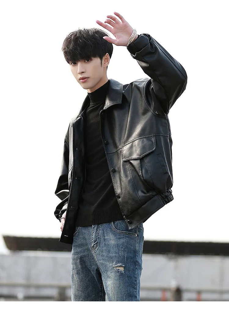 2023PU Leather Jacket Men Black Soft Leather Jacket Motorcycle Biker Fashion Leather Coa Male Bomber Jacket_voghion.com