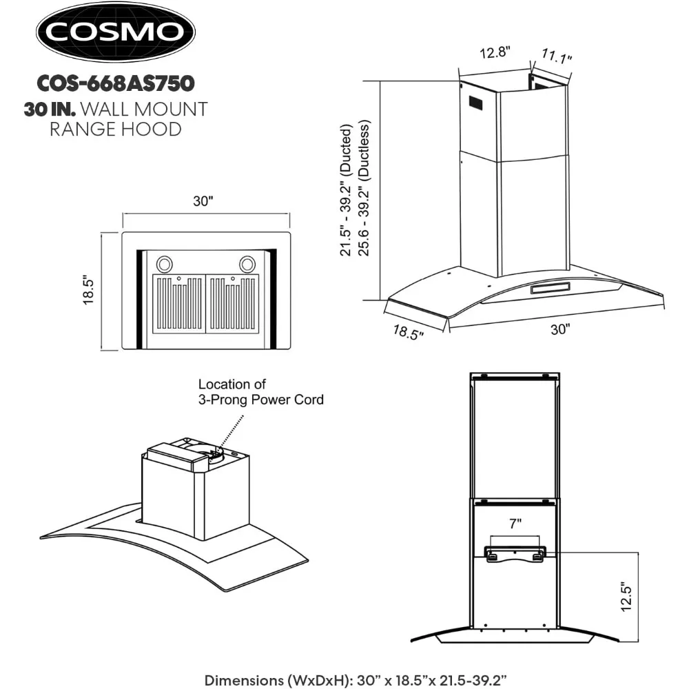 30 in. Wall Mount Range Hood with 380 CFM, Curved Glass, Ducted Convertible Ductless (additional filters needed, not included) 5