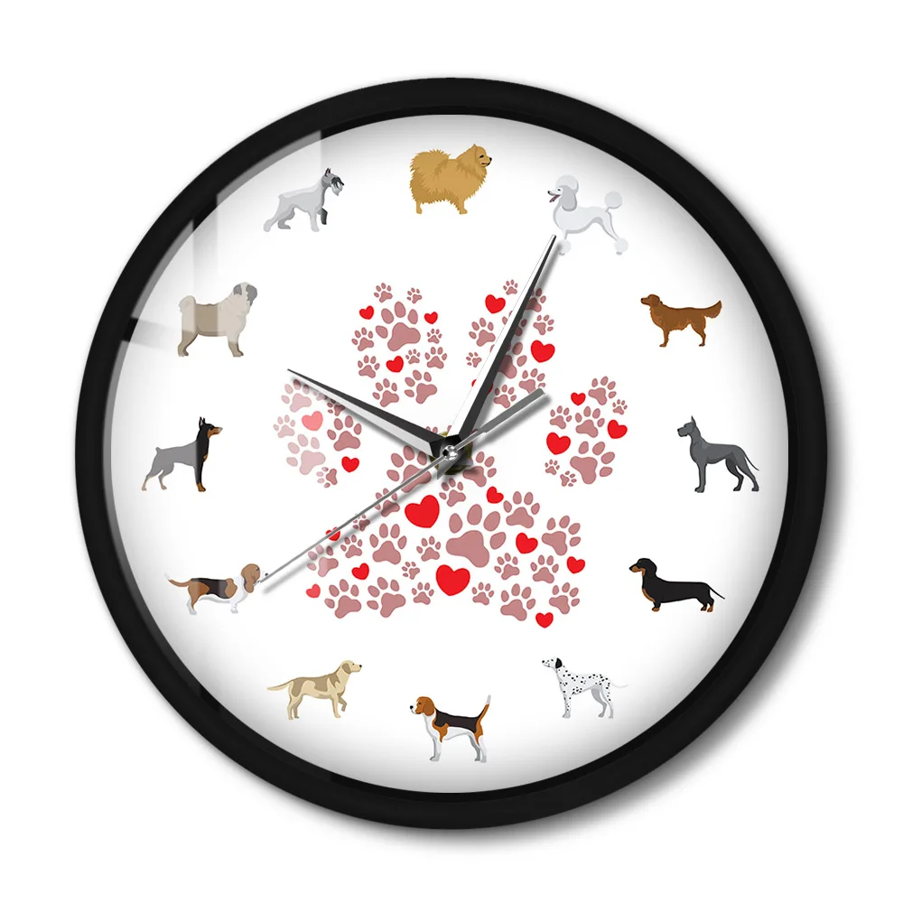 Cani Wall Art Modern Metal Frame Orologio Da Parete Silent Dog Breed Animal Cartoon Artwork Hanging Wall Watch Per Puppy Dog Owner Gifts