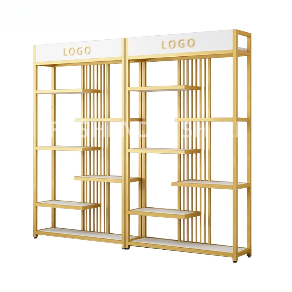 Doppelseitiger Boutique-Präsentationsständer. Leichte Holz-Kunststoff-Acrylhalterung mit Metallrahmen für die Supermarktpräsentation