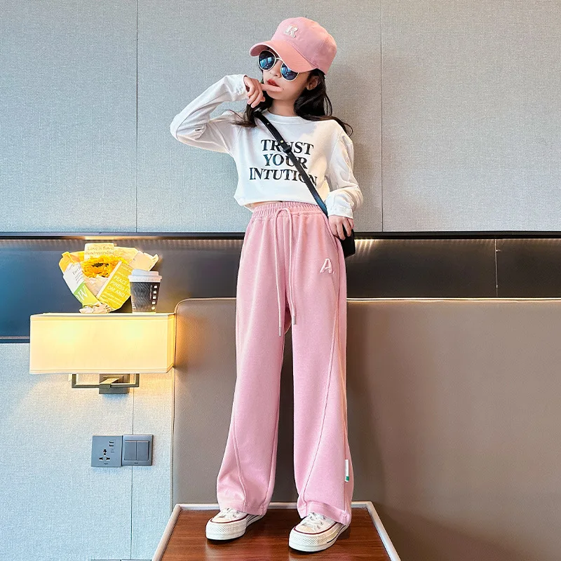 Kids Sport Trousers Pink Black Wide Leg Pants for Girls Teenage