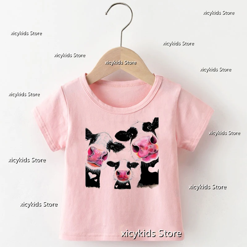 

tshirt for girls funny Cow Animal Print Girl Pink Shirt Tops Summer Harajuku Children's Clothing tshirts Cute Girls clothes tees