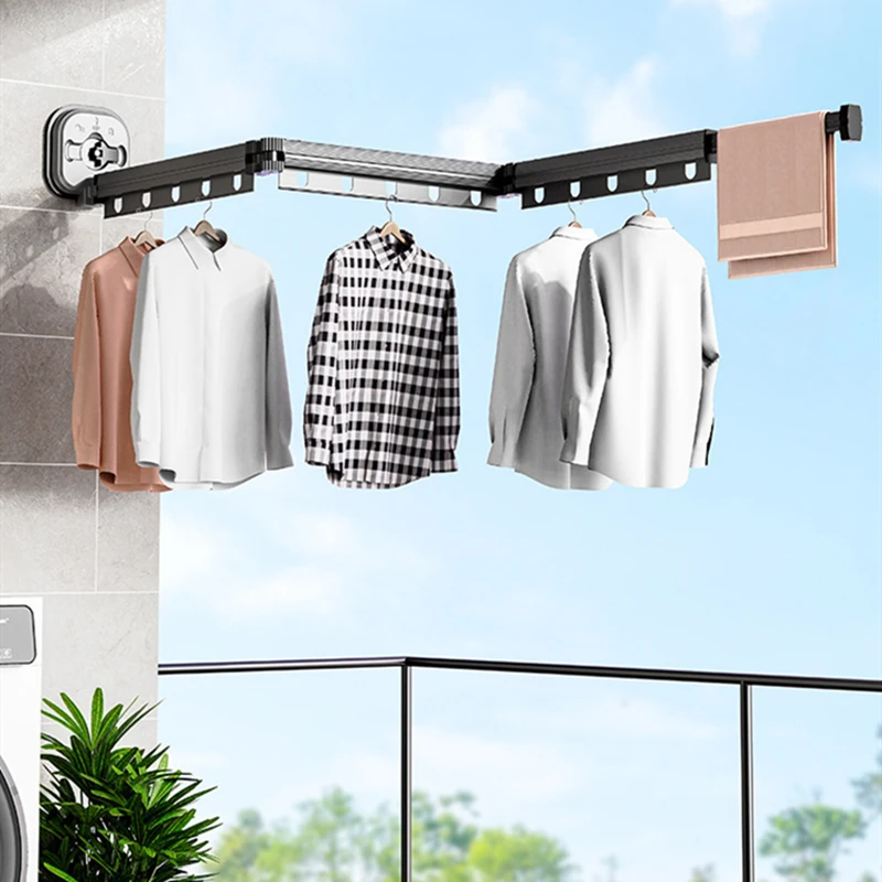 Vacuum Suction Cup Folding Clothes Hanger Wall-mounted Windproof Telescopic Clotheshorse Home Portability Airer Storage Tool