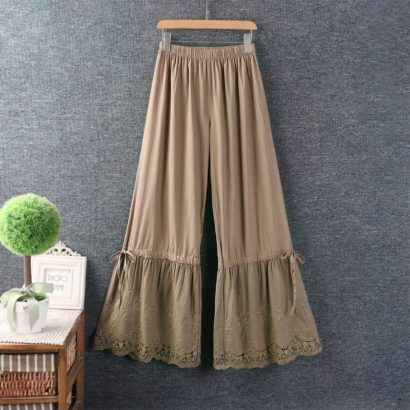 Summer Japan Style Mori Girl Embroidery Cotton and Linen Wide Leg Pants Women Elastic Waist Casual Loose Vintage Pants