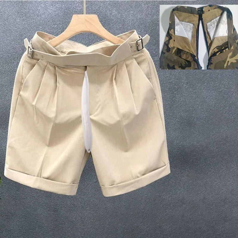 Invisible Open Crotch Outdoor Sex Business Summer Wear Men Suit Pants Slim Shorts Outfit Vintage Beach Activewear Casual Short