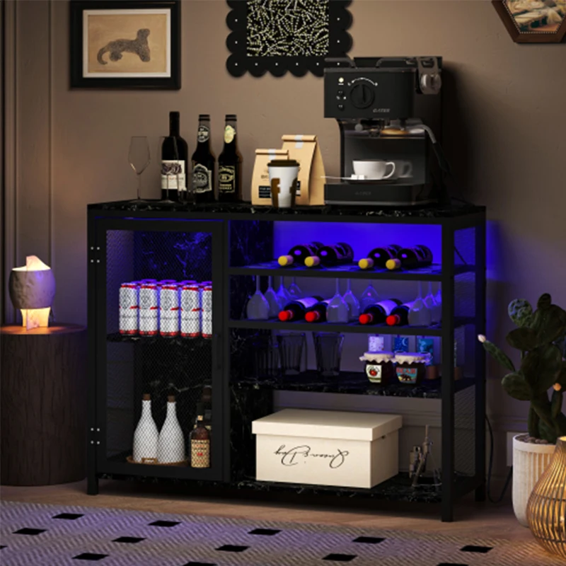 Bar Cabinet,Wine Bar Cabinet,Liquor Storage Credenza,Sideboard with Wine Racks & Stemware Holder,With UAB socket,Black