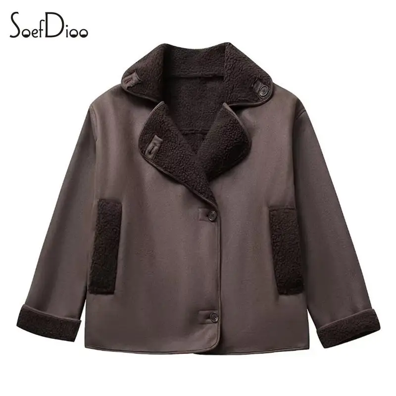 

Soefdioo Casual Lamb's Wool Short Outcoat Women Fashion Turn-Down Single Breasted Jacket 2023 Winter Keep Warm Casual Streetwear