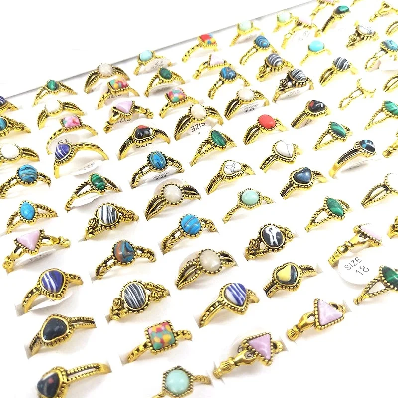 50pcs/Lot Vintage Rings For Women Antique Golden Silver Plated Bohemia Stone Ring Party Gift Fashion Accessories Wholesale Lot