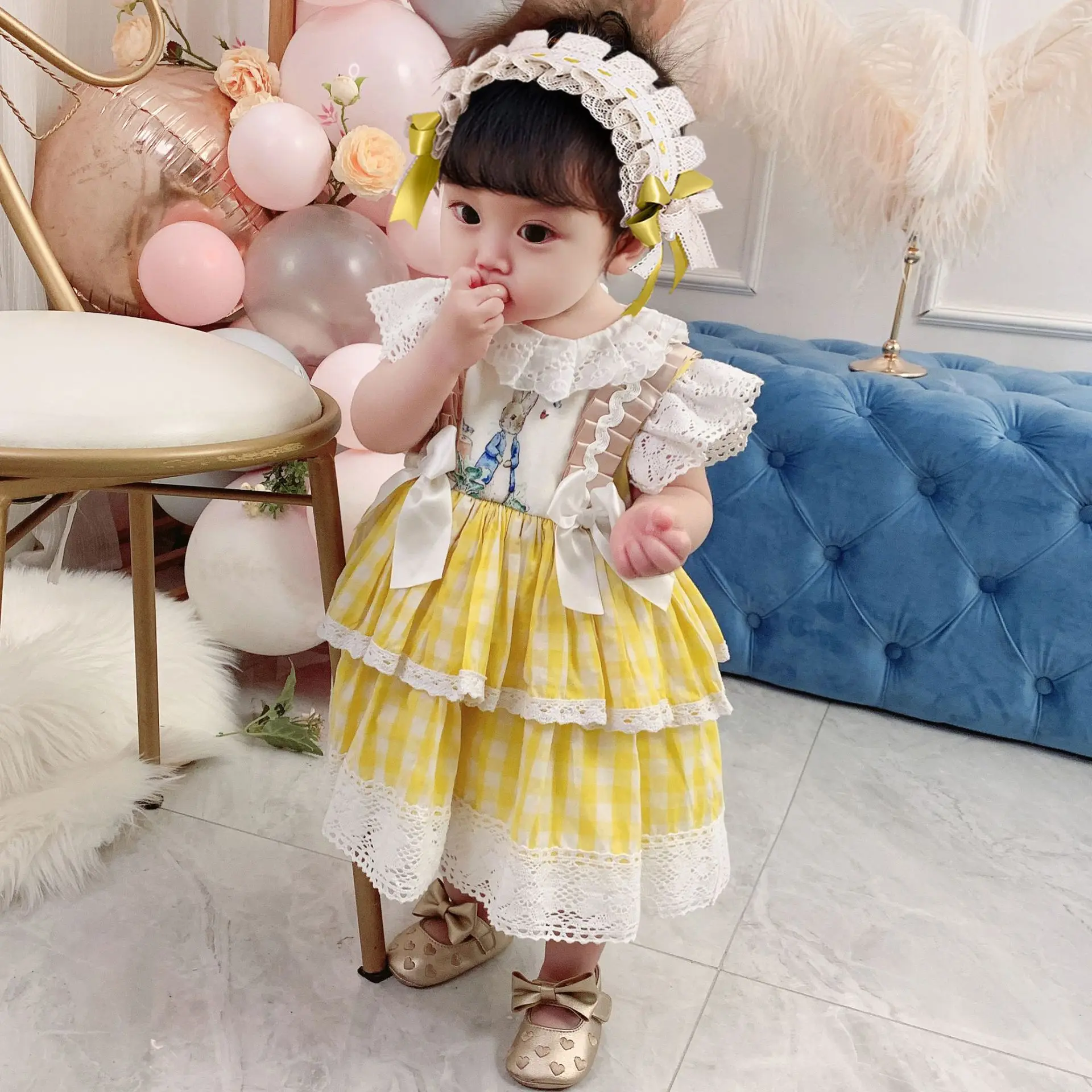 Girls Daily Dress Baby Rabbit Print Lolita Gown Kids Lolita Hair Accessories One Year Old Dress Children Birthday Gift