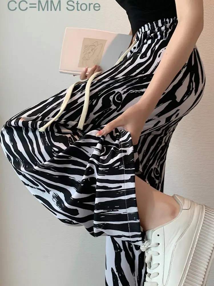 New Zebra Stripes Pants Women Streetwear Elastic Waist Drawstring Wide Leg Pants Women Straight Full Length Pants