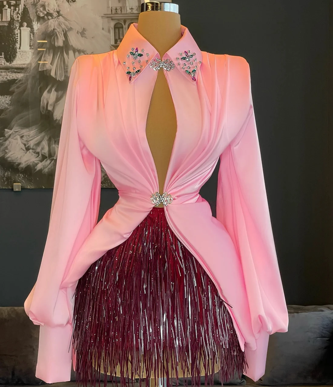 Pink Cocktail Dresses Sheath Long Sleeves Short Mini Beaded Homecoming Dresses Haute Couture Customized