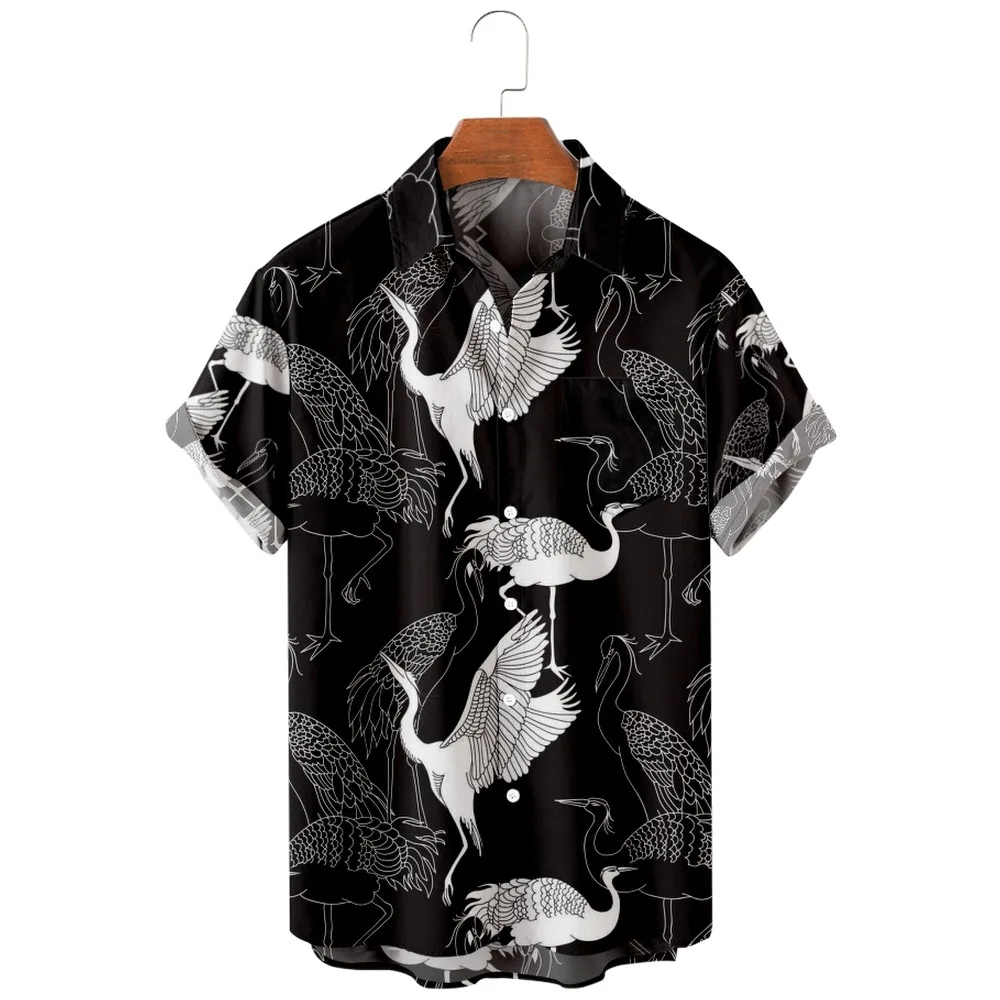 

2022 new men's casual breathable short sleeve top fashion Lapel men's shirt Hawaii with beach Red-crowned crane