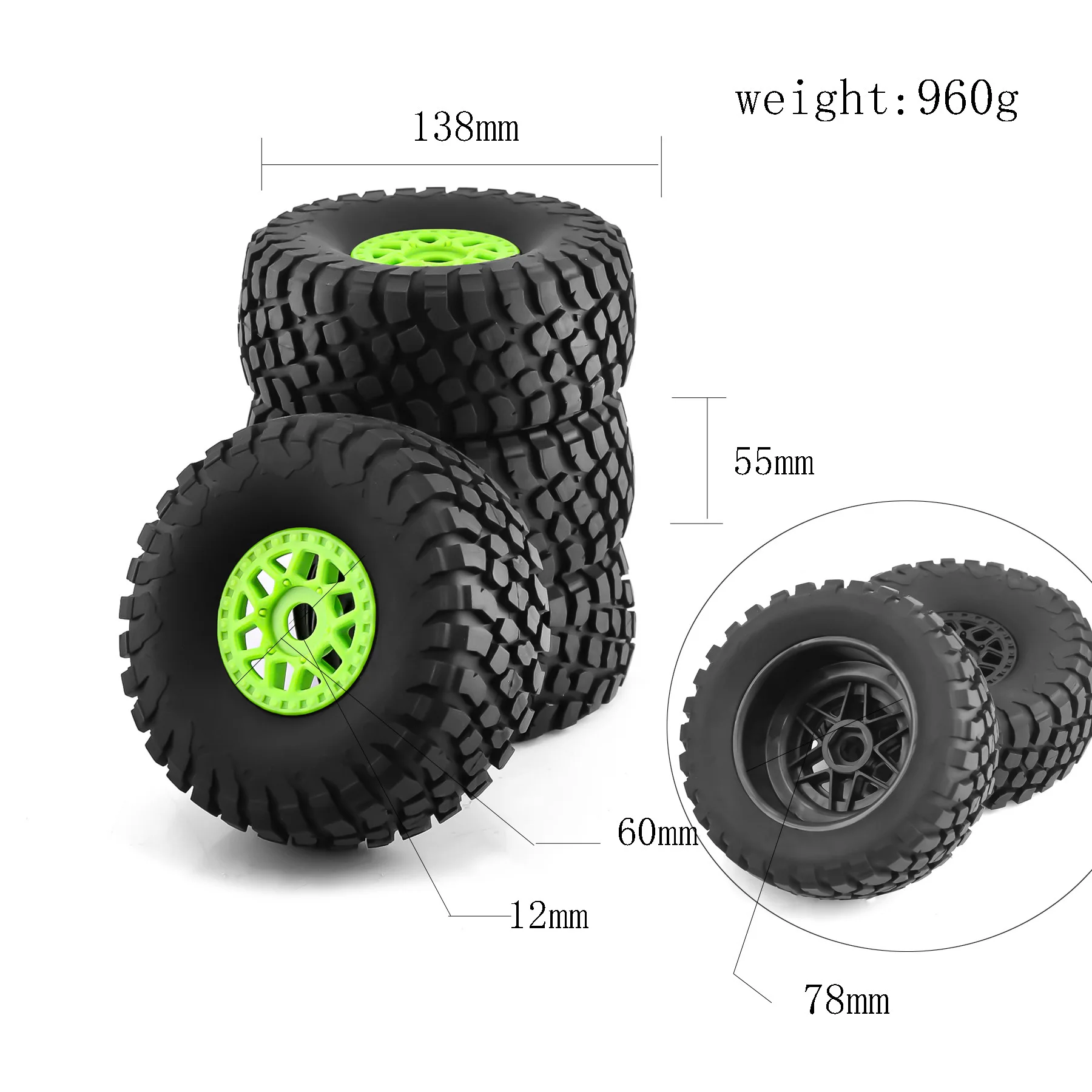 4PCS 17mm Hex RC Wheel and Tire Set 138mm Buggy Desert Truck Tires Fit for 1/7 1/8 Short Course Truck ARRMA Mojave YK4072 DF7