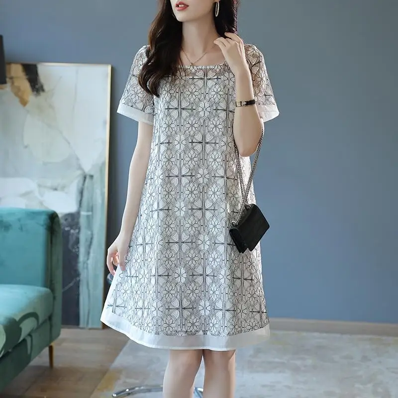 Elegant Square Collar Gauze Hollow Out Lace Vintage Dress Women Clothing 2024 Summer New Loose Office Lady Short Sleeve Dresses