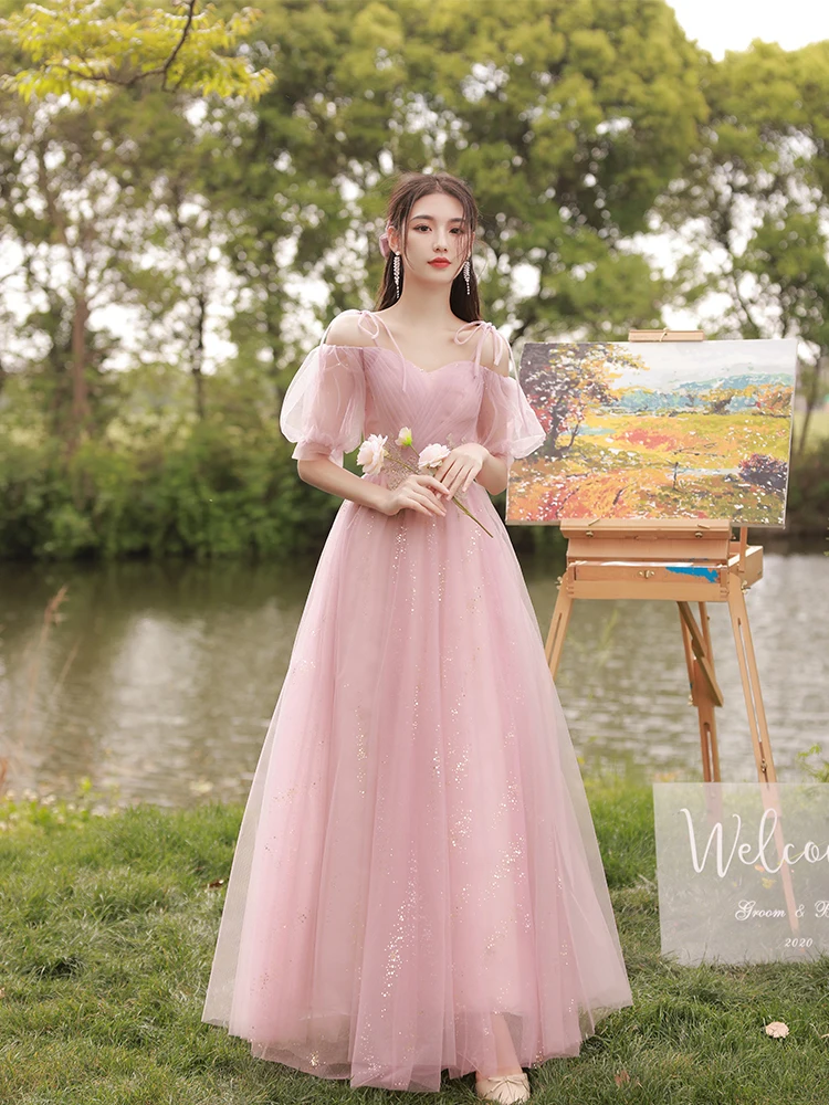 New Sweat pink long lady girl women princess banquet bridesmaid performance ball dress gown