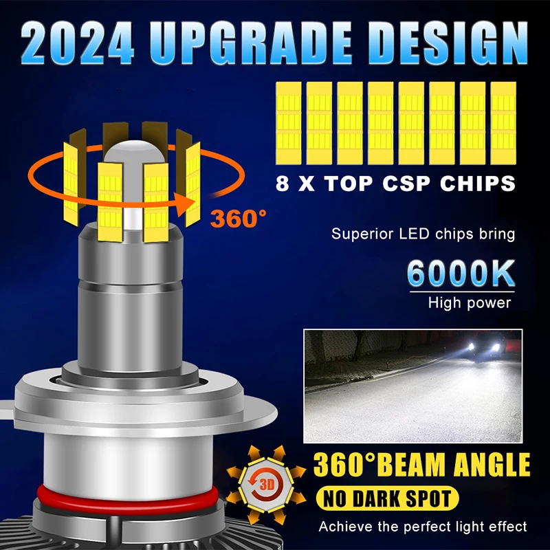 360 렌즈 안개등용 LED 헤드라이트 전구, Canbus H11, 9005, HB3, 9006, HB4, H8, 9012, D2S, D4S, D2R, D4R, 4300K, 6000K, 2 개