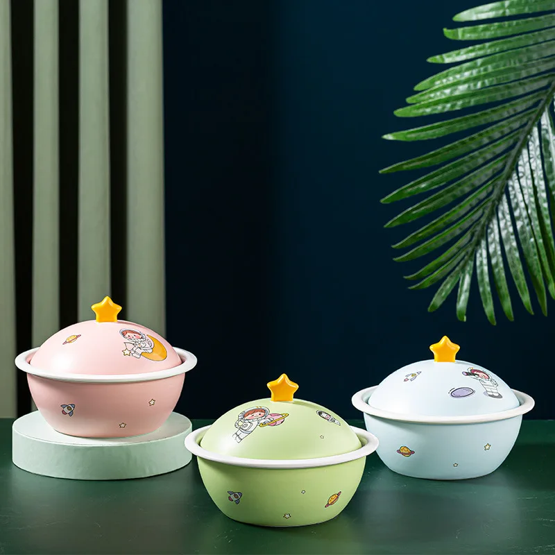 

Creative Cartoon Ceramic Noodle Bowl Household Instant Noodle Bowl With Lid Student Dormitory Planet Fruit Salad Bowl