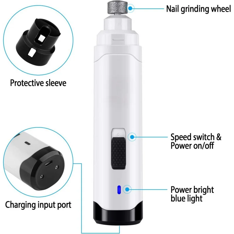 Dog Nail Grinder 2-Speed LED Electric Rechargeable Pet Nail Trimmer Painless Paws Grooming Tool clippers for Dogs Cat White