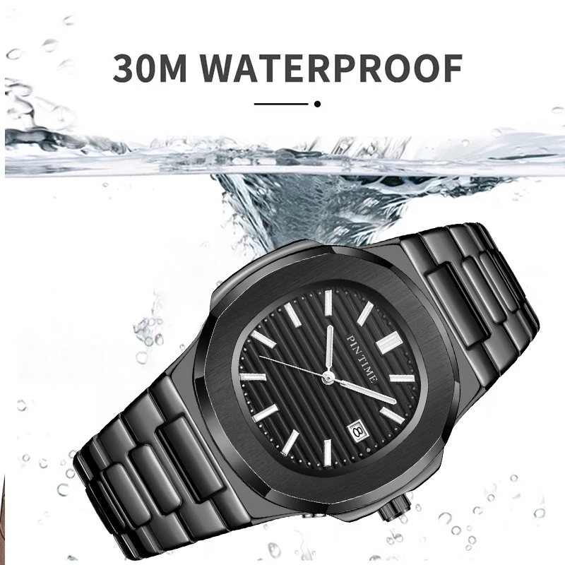 PINTIME Top Brand Mens Watch Gold Square Face Fashion Watches Stainless Steel Band Casual Wristwatch for Men with Calendar