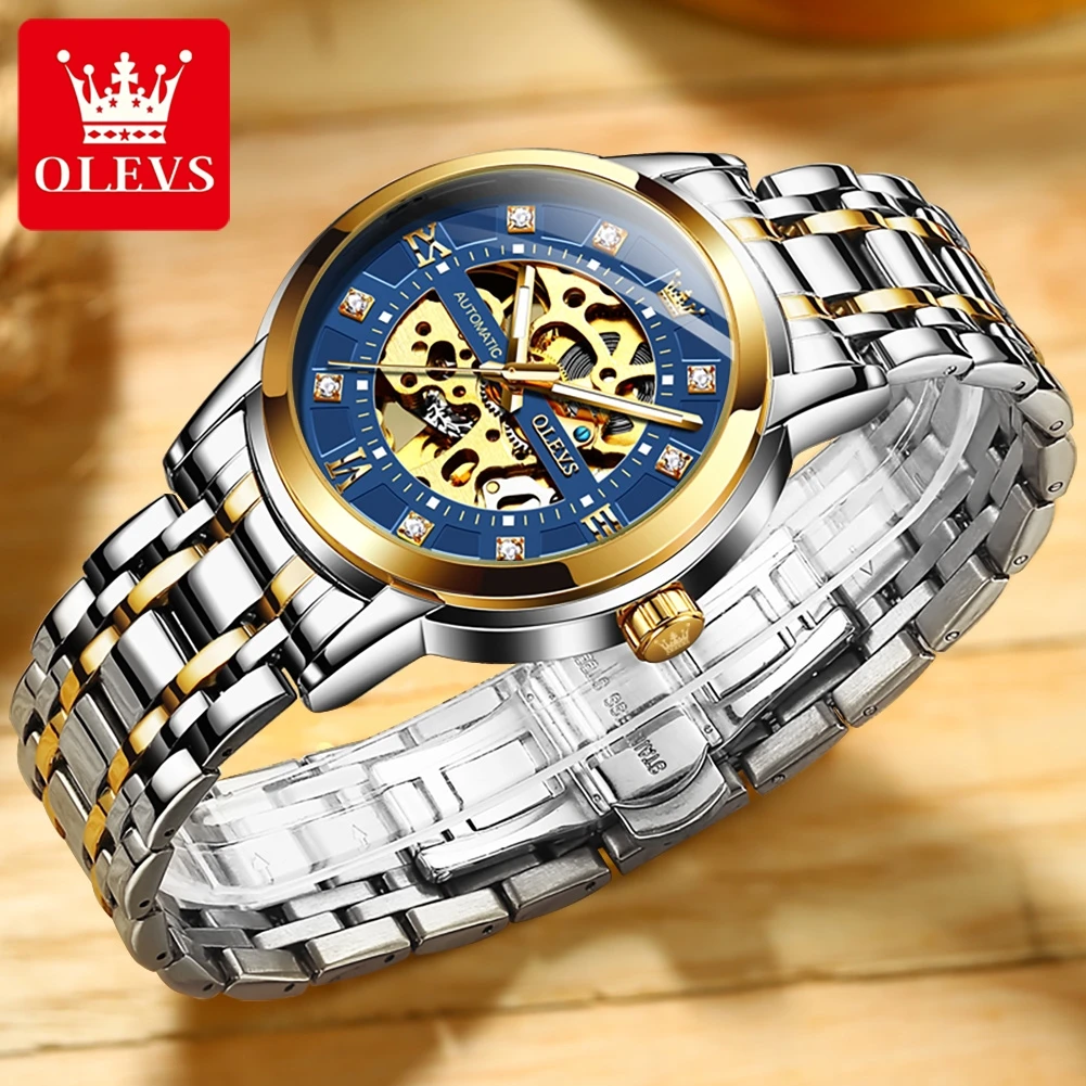 OLEVS Brand New Fashion Blue Skeleton Mechanical Watch for Men Luxury Stainless Steel Waterproof Luminous Hollow Watches Mens