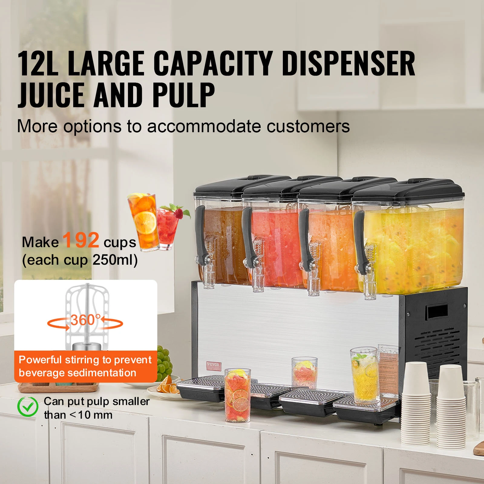 SucceBuy Commercial Beverage Dispenser 4 Tanks 10L/12L Per Tank Juice Dispenser Stainless Steel Ice Tea Drink Machine