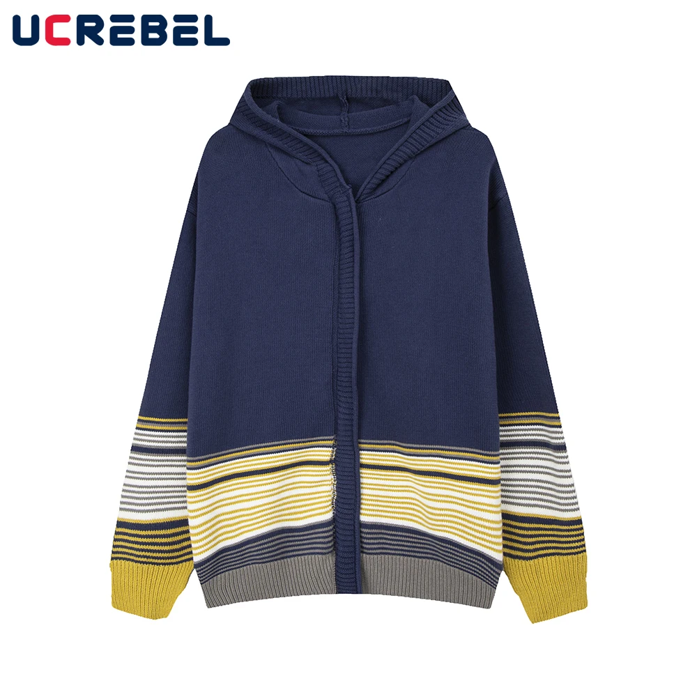

Contrast Striped Long Sleeve Knitted Sweater Mens Autumn Loose Streetwear Zipper Hooded Outerwear Men