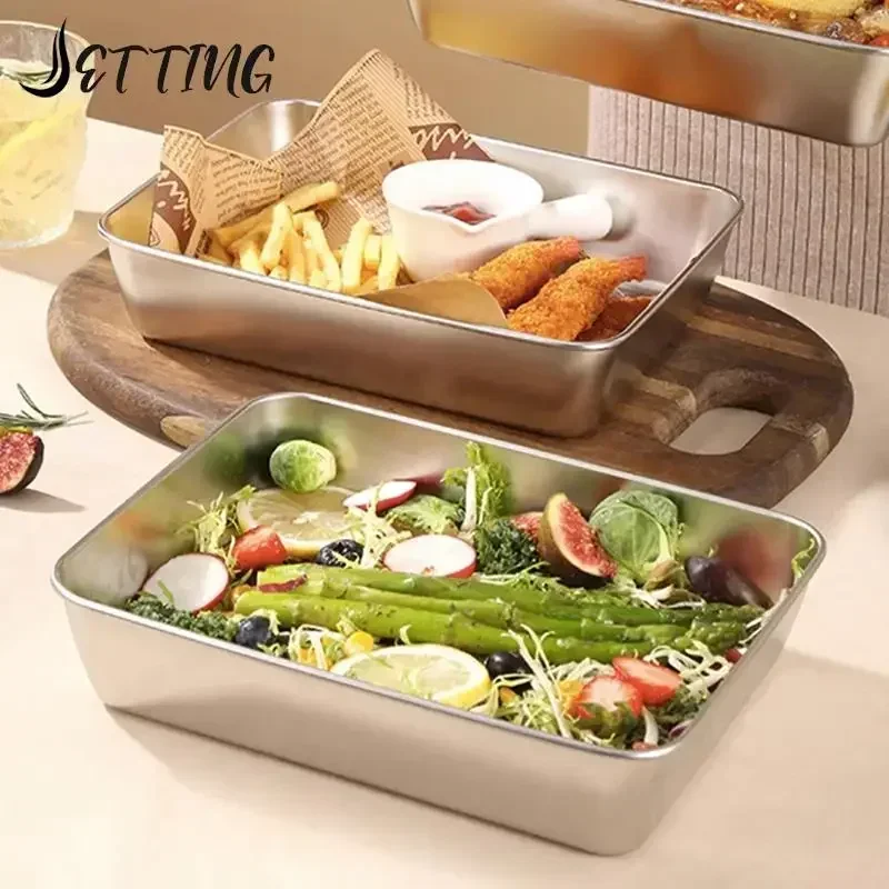 Food Storage Pan Stainless Steel Square Plate With Lid Rectangular Commercial Dish Tray Large Lunch Box Container