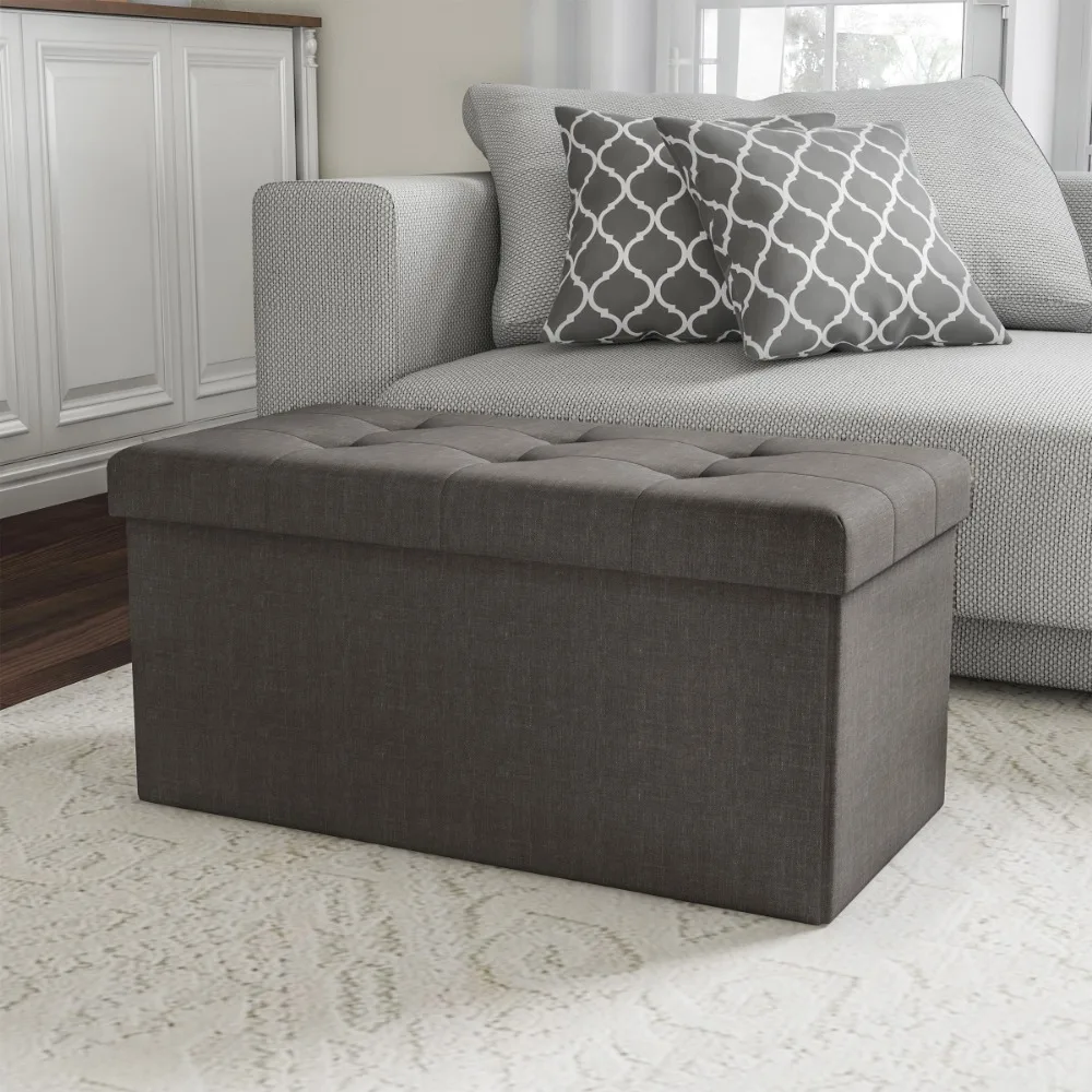 

30-Inch Folding Storage Ottoman with Detachable Bin, Gray Space Saving Furniture