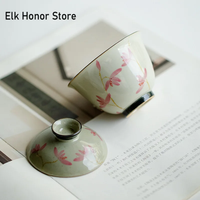 108ml Pure Hand-painted Peach Blossom Gaiwan Luxury Tea Brewing Cup Hand Grasping Bowl Tea Tureen Maker Cover Bowl Teaware