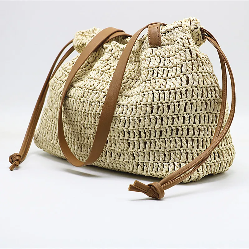 Drawstring Straw Bag for Women Top Handle Bag Summer Beach Woven Boho Rattan Large Capacity Tote Ladies Shopper Clutch