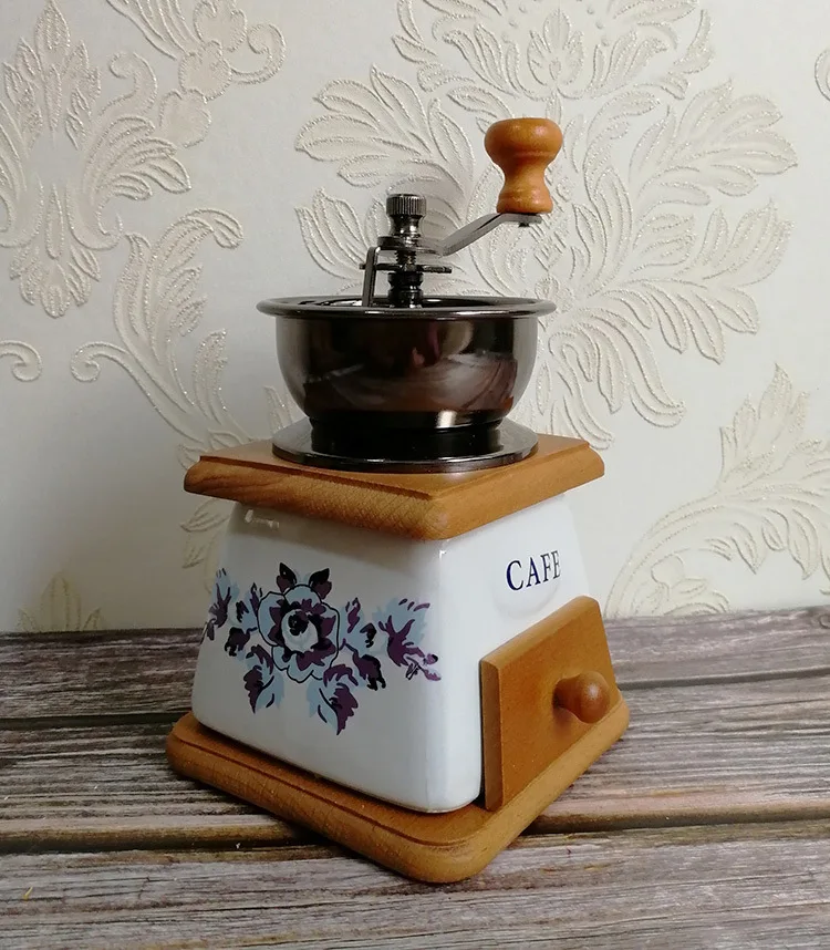 Moulin à Café Manuel Vintage Années 70 - Bois Et Porcelaine Motifs Floraux - France