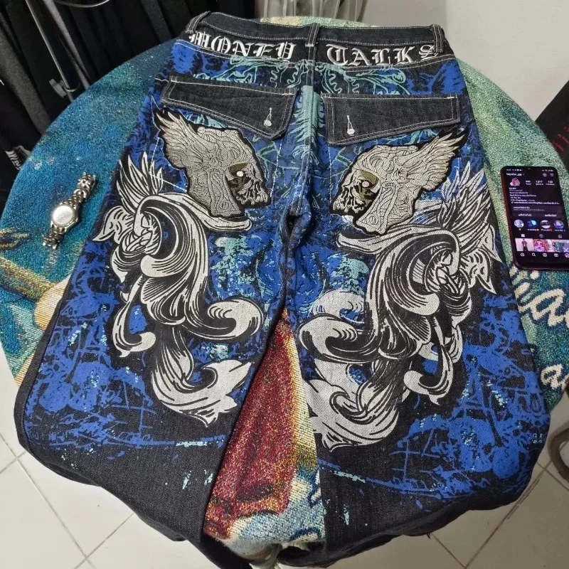 American New Blue Washed Multi-pocket Baggy Jeans Men Y2K High Street Punk Vintage Popular Couples Casual High Waist Trousers 3