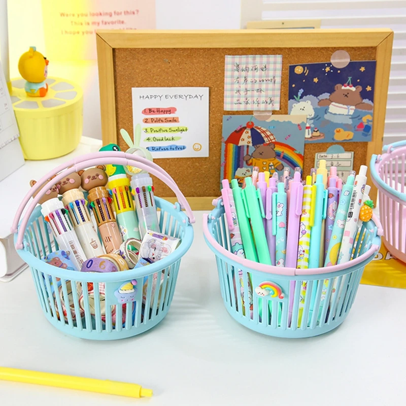 Mini Pen Holder Blue Pink Color Desktop Shopping Basket Plastic  Storage Basket Bedroom Desktop Organizing Basket simple ins foldable plastic storage box student desktop organizing handbook tape stationery skincare storage basket