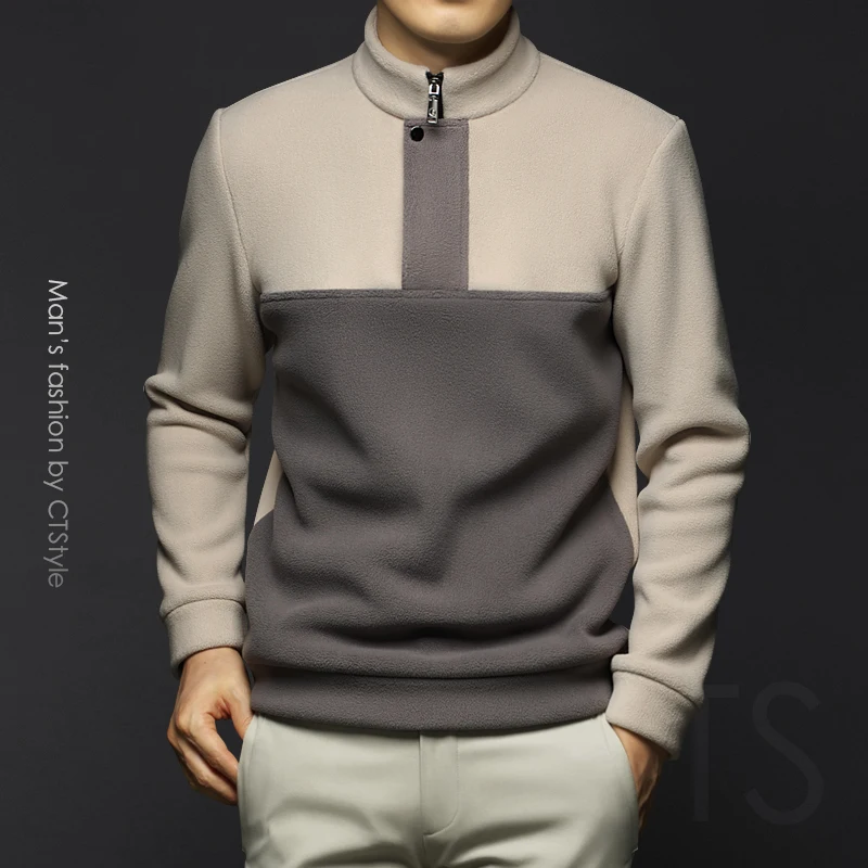 

Autumn and winter men's fleece thickened mid-half high neck hoodie spliced standing neck coat menswear trend new