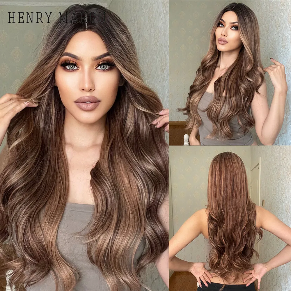 

HENRY MARGU Long Honey Brown Wavy Synthetic Wigs Middle Part Ombre Natural Wig for Black Women Heat Resistant Fake Hair Daily