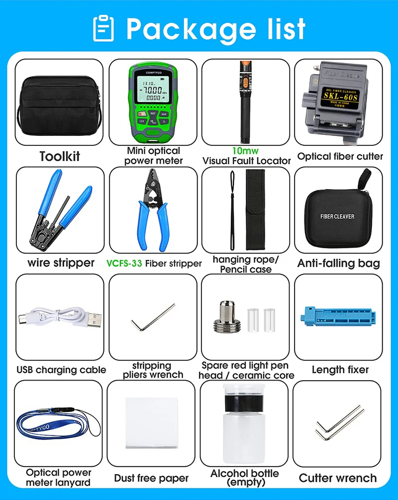 Fiber Optic Tool Kit with SKL-60S Fiber Cleaver -70+10dBm/-50+26dBm 3 in 1 Mini Optical Power Meter 10Mw Visual Fault Locator