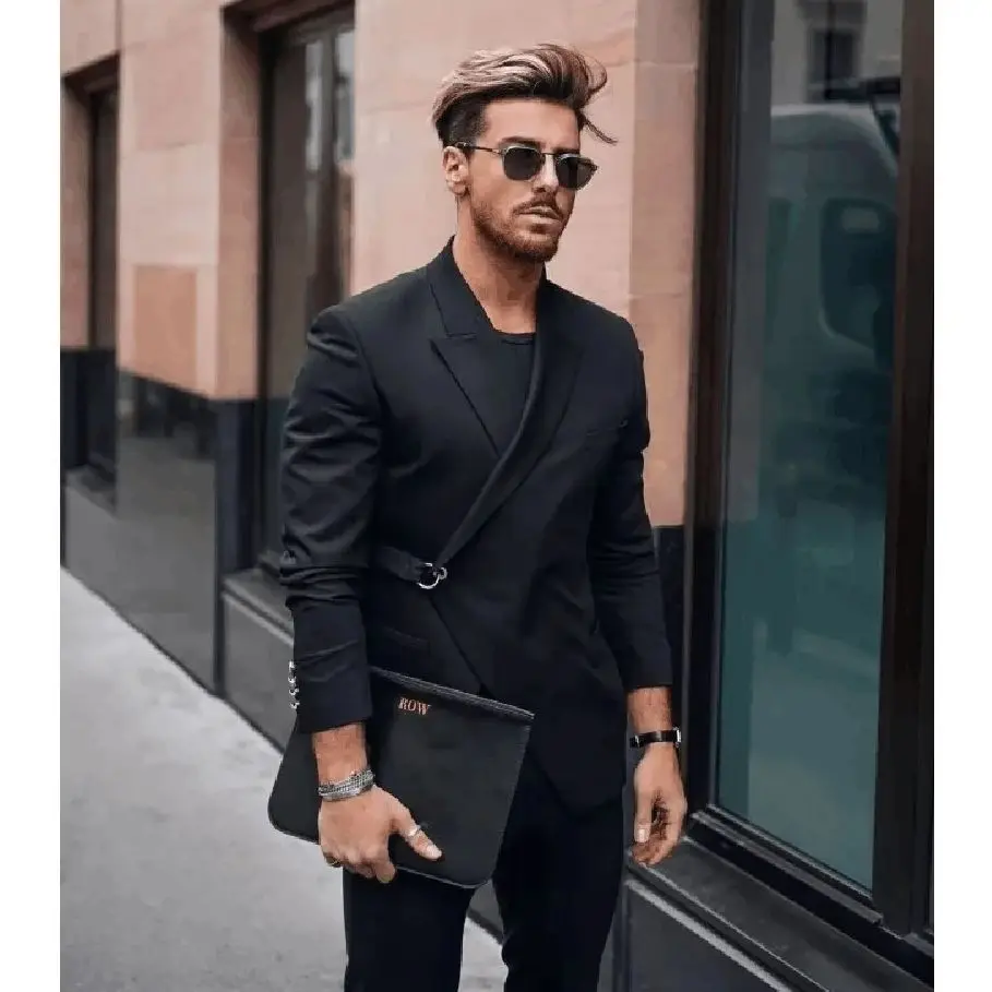 

Fashion Black Buckle Men Suit With Belt Set Terno Masculino Groom Prom Slim Fit Blazer Custom Made 2 Pieces(Jacket+Pants)