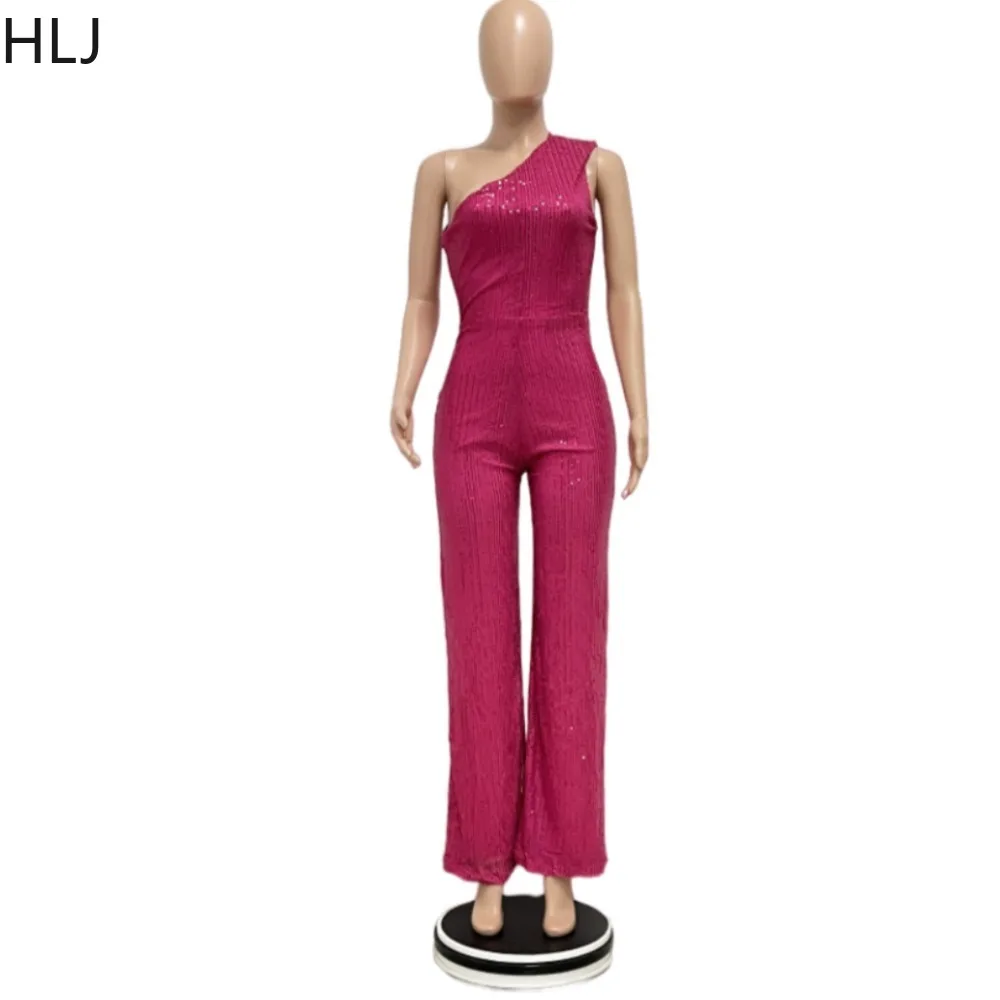 HLJ Elegant Lady Sequin One Shoulder Straight Jumpsuits Women Sleeveless Slim Party Club Playsuits Spring New One Piece Overalls