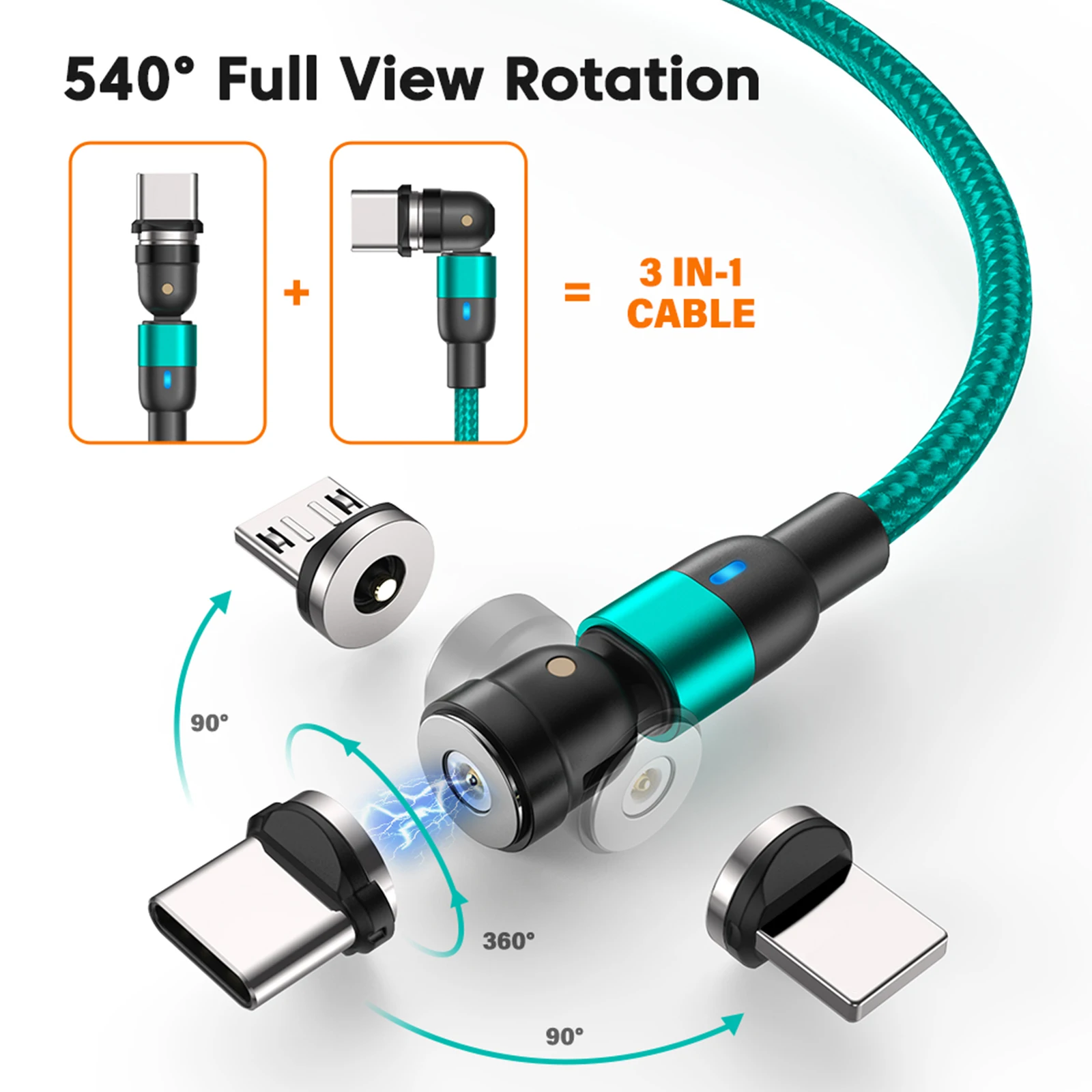 AUFU Magnetic 3M Charging Cable, 540° Rotating Magnetic Charger with Micro USB and Type C Connectors