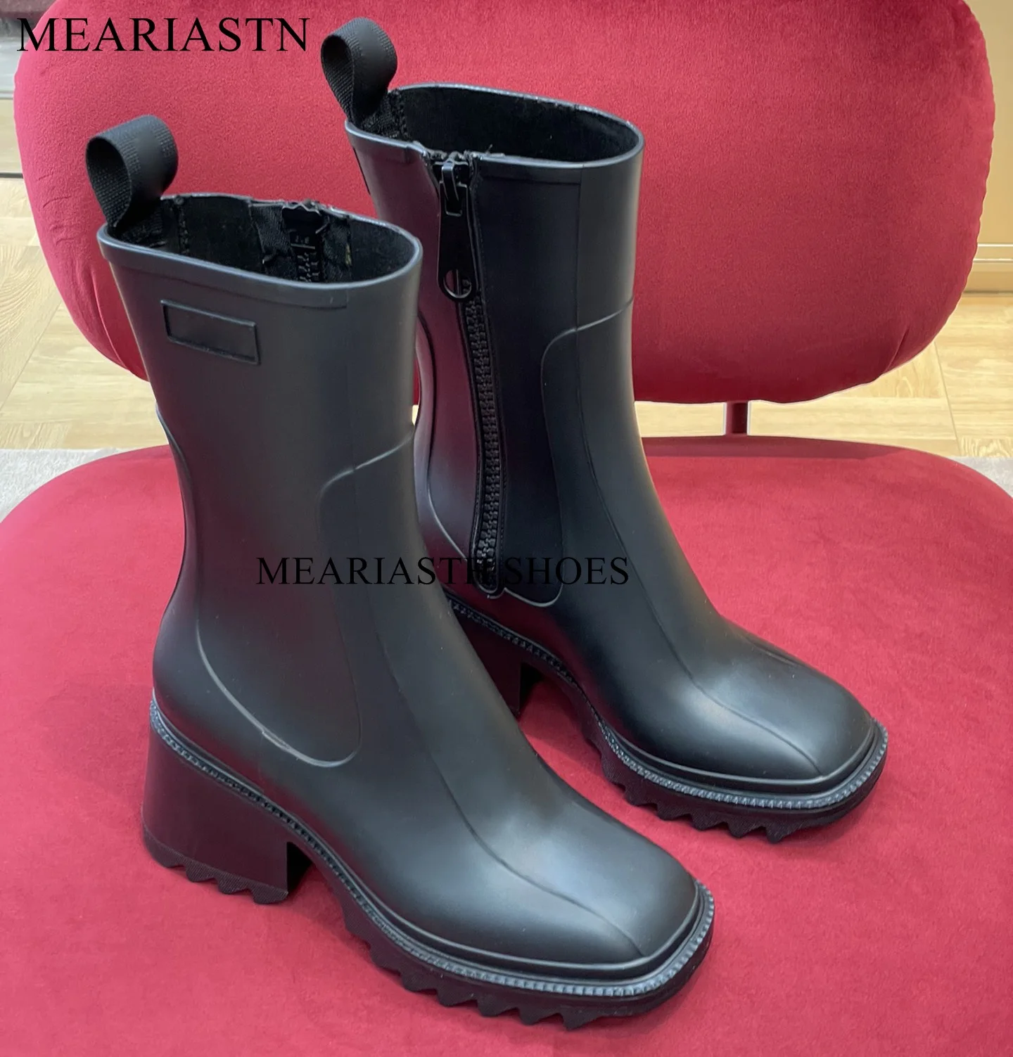 

Hot Sale Chunky Heel Women Rain Shoes Ankle Boots Square Toe PVC Platform Shoes Autumn Short Boots High Heel Rain Boots Female