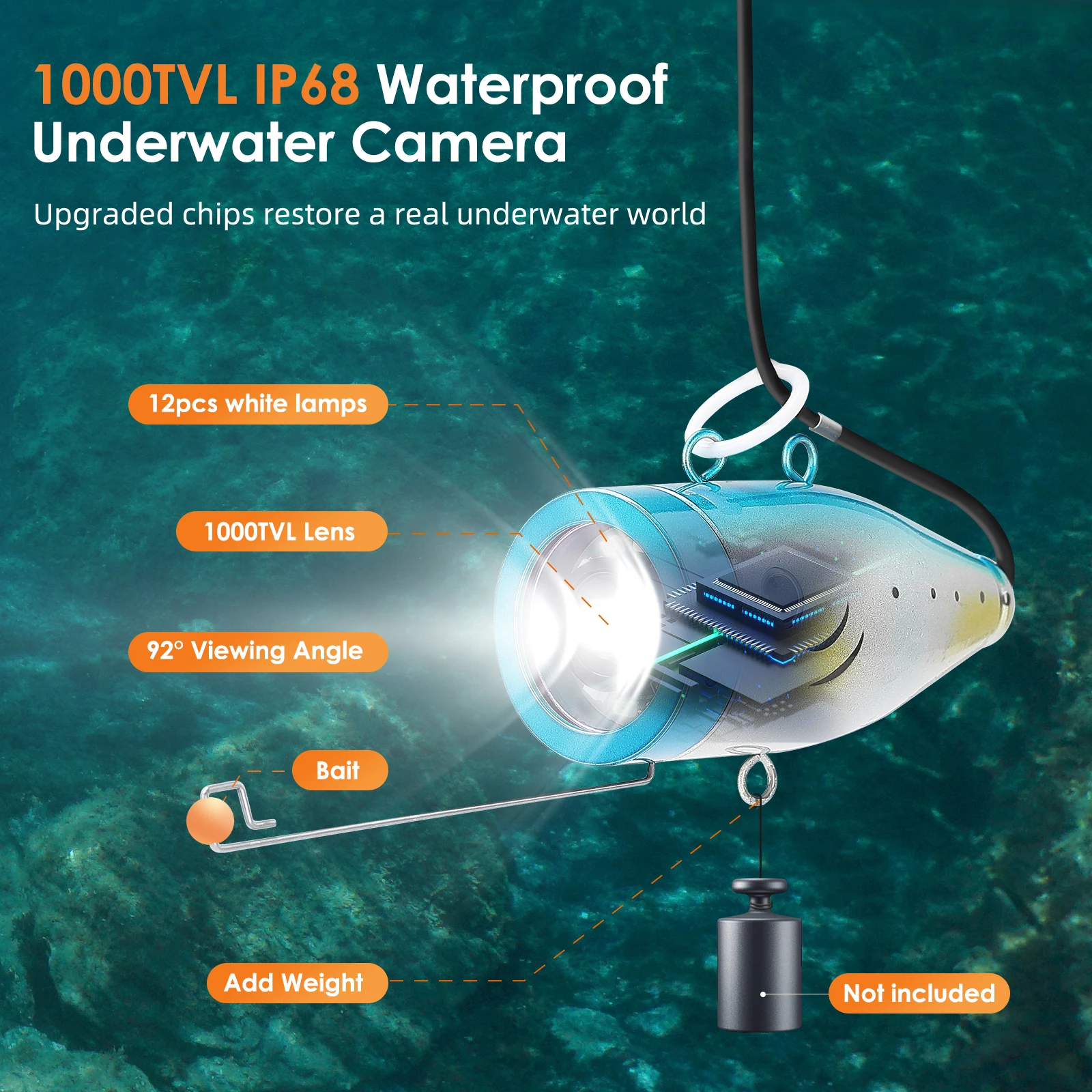 Eyoyo Underwater Fishing Camera 1000TVL Video Fish Finder For Winter Sea/River/Ice Fishing 50M Cable 7" Monitor 12 White Lights